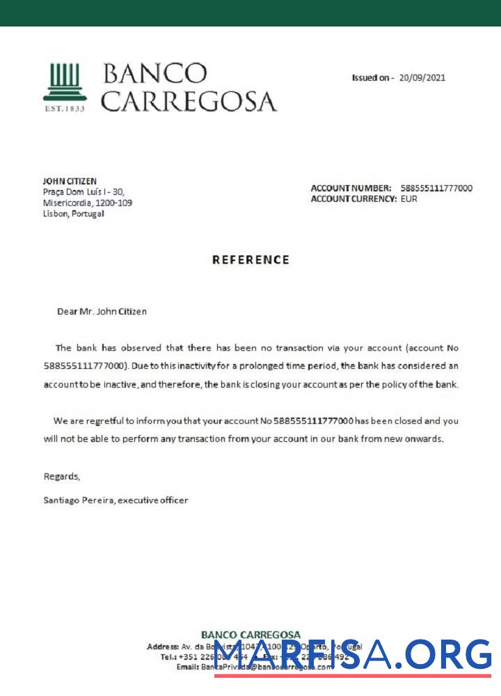 Blank Portugal Banco Carregosa closure reference template